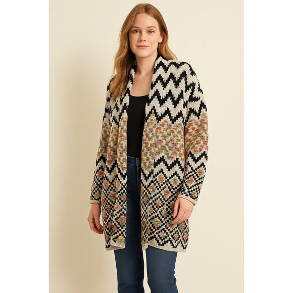 Dreamers Open Front Cotton Blend Tribal Geo Cardigan Moody | S/M - Picture 1 of 11